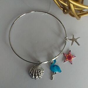Silver Bangle Bracelet Flamingo Starfish Shell